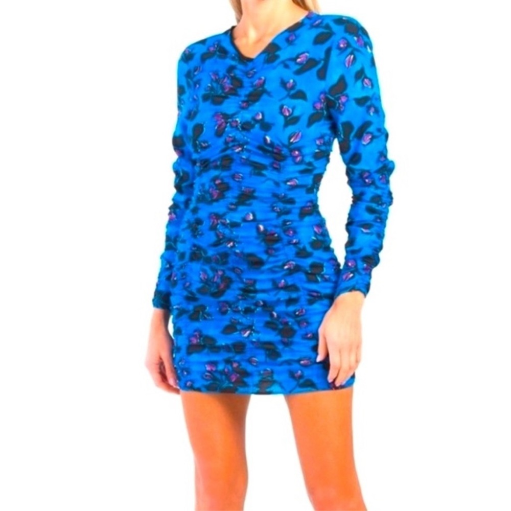 Zara Mini Dress Ruched Blue Black Floral Print SMall Long Sleeve NEW with FLAW
